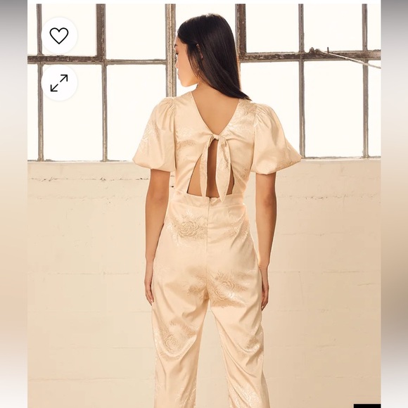 Lulus Time After Time Champagne Floral Jacquard Puff Sleeve Jumpsuit - Picture 2 of 5